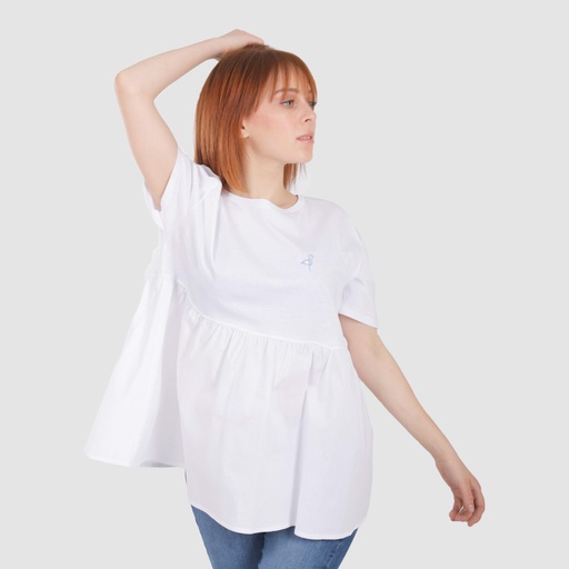 [05-010-02-457-K000-L] T-shirt femme manches courtes avec volant et broderie (L)