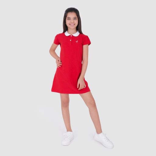 [05-010-17-017-K049-10A] Robe polo fille manches courtes col claudine contrasté (Rouge, 10A)