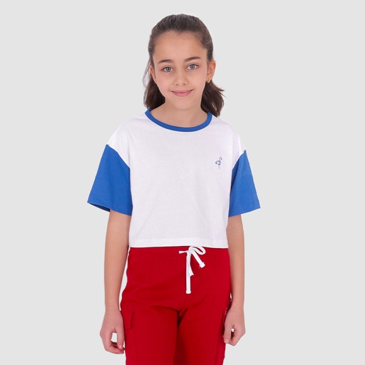 T-shirt crop fille avec manches contrastées et broderie