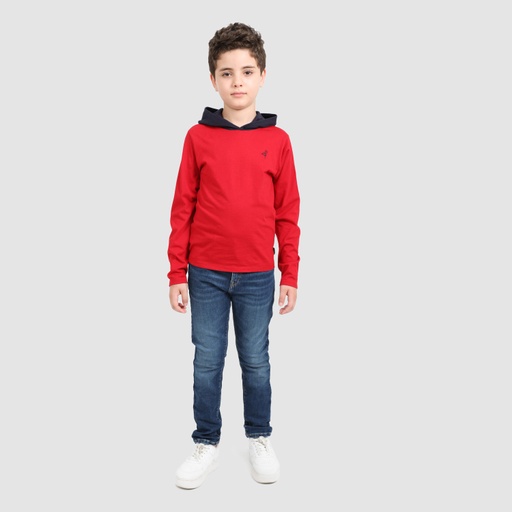 [05-010-02-277-K270-10/12A] T-shirt garçon manches longues avec capuche (Bleu Marine &amp; Rouge, 10/12A)