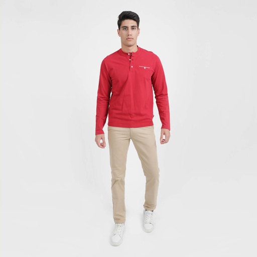 [05-010-02-252-K049-L] T-shirt homme manches longues col tunisien et poche passepoilée (Rouge, L)