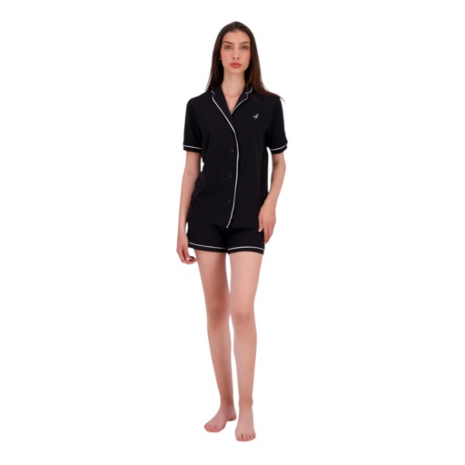 [05-010-16-273-K040-L] Pyjama chemise et short femme manches courtes avec pipping (Noir, L)