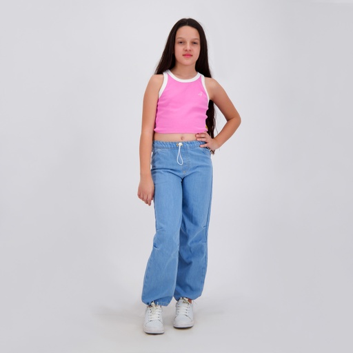 [05-010-59-011-K915-10/12A] Top côtelé fille avec broderie (Rose &amp; Blanc cassé, 10/12A)