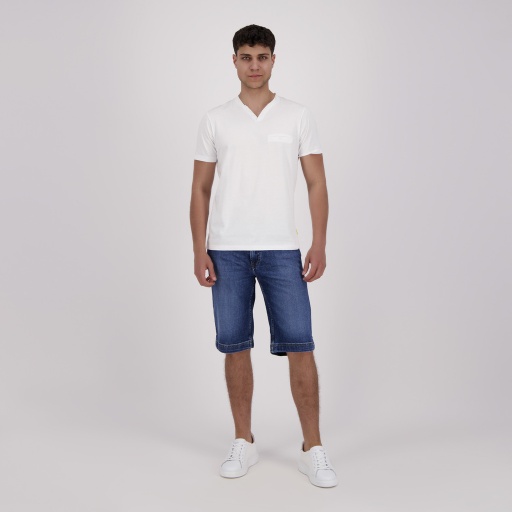 [05-010-02-458-K000-L] T-shirt homme manches courtes col tunisien et poche passepoilée (Blanc, L)