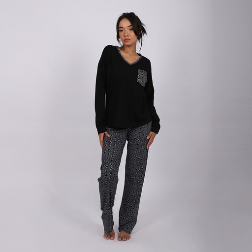 [05-010-16-224-K938-L] Pyjama femme col V manches longues avec poche (Noir &amp; Imprimé Star, L)