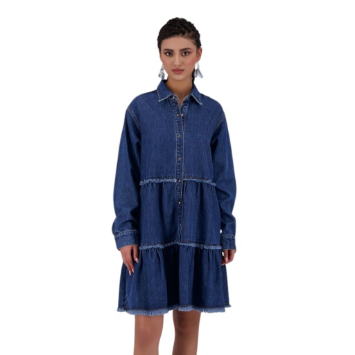 [01-010-09-086-K419-L/XL] Robe chemise femme a volants en jeans- RAFLA (L/XL)