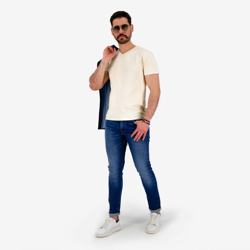 [05-010-02-452-K005-L] T-shirt homme manches courtes col V avec broderie (Beige, L)