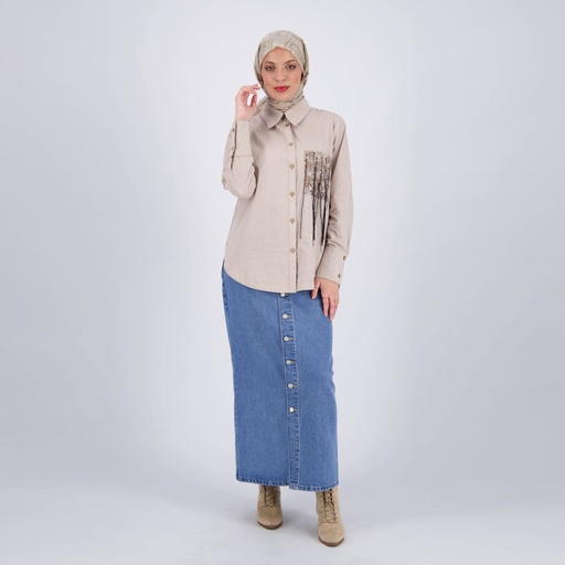 [01-010-09-093-K005-L] Chemise femme avec poche plaquée en chaine &amp; trame (Beige, L)