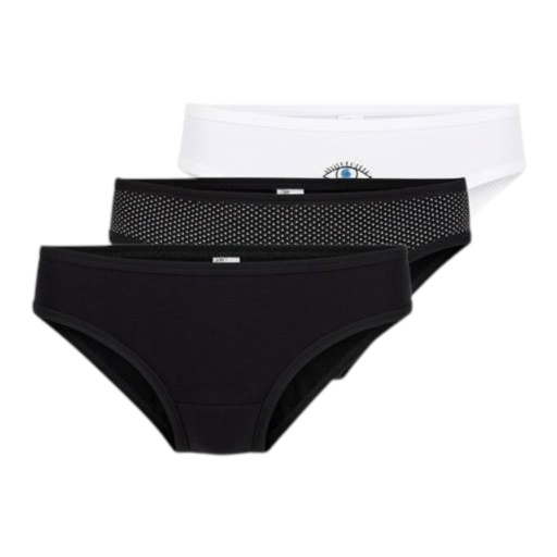 [05-010-20-050-K1004-L] Lot de 3 Slips taille basse femme en coton stretch (Blanc &amp; Noir &amp; Noir Petit Pois Blanc, L)