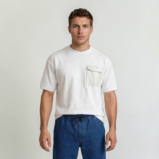 [05-010-36-251-K000-L] Sweat homme manches courtes avec poche soufflet imprimé feuille (L)