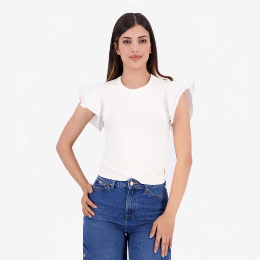 T-shirt côtelé femme manches à volant en chaine et trame