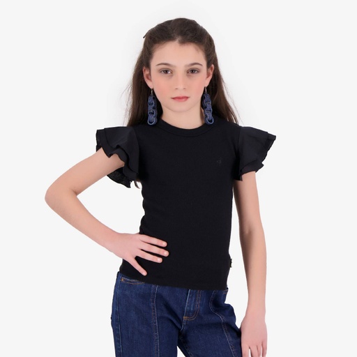 T-shirt côtelé fille manches à volant en chaine et trame
