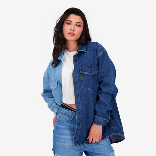 Upcycling chemise oversized femme en jeans bi-couleur - SHER V1
