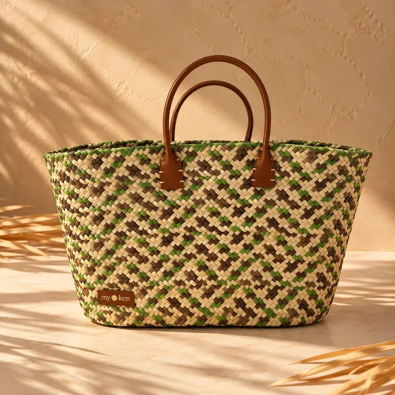 Sac Mosaïque en feuille de palmier Vert & Marron