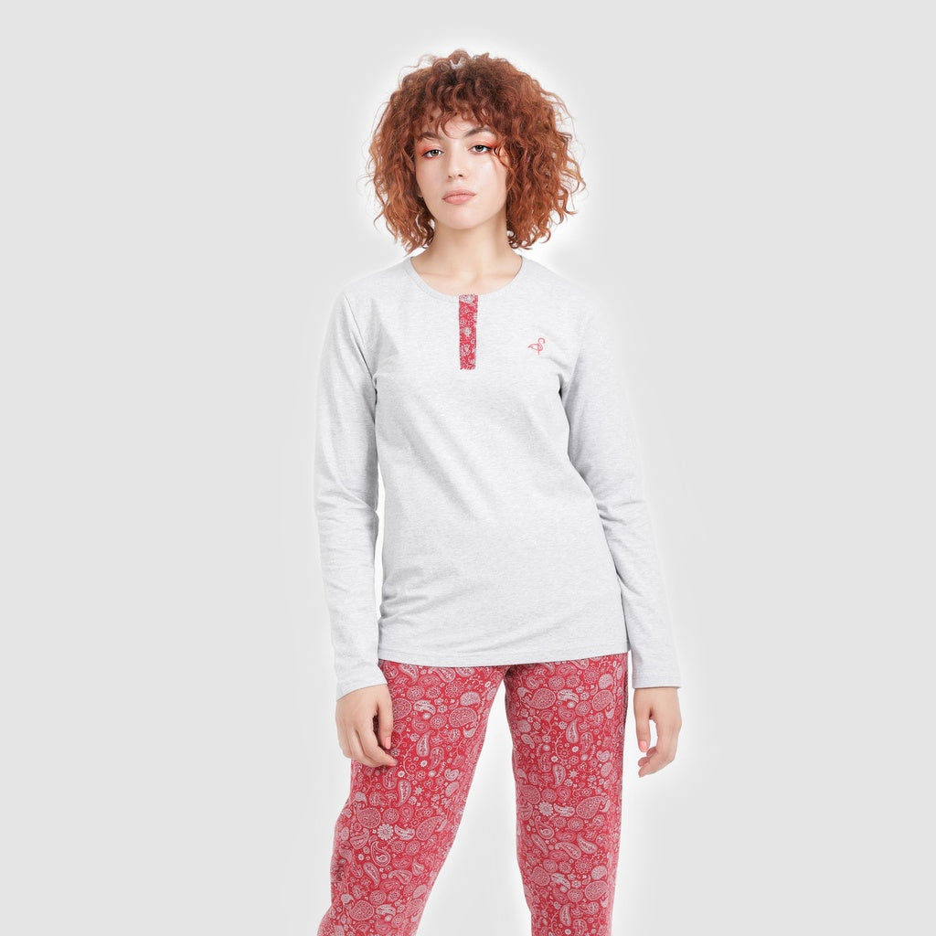 Gris Chiné & Rouge Imprimé Fleur