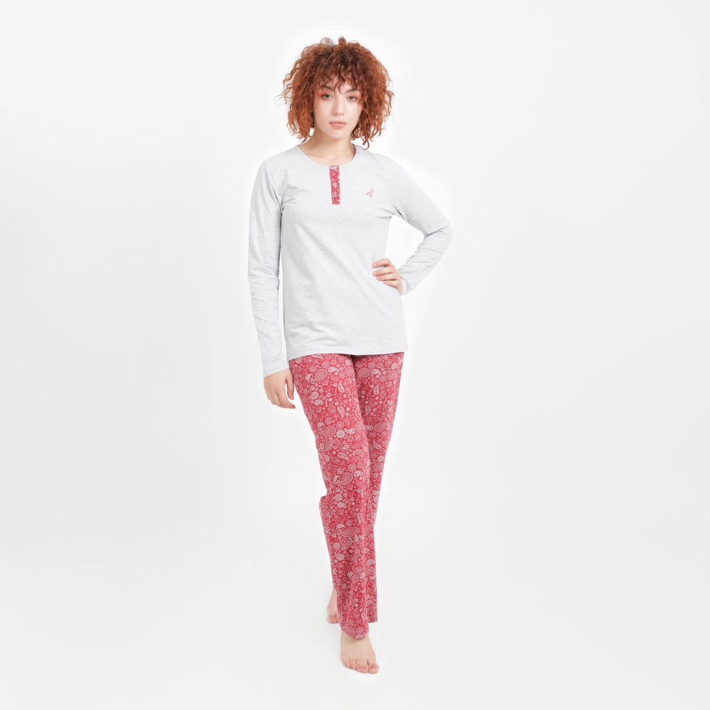 Gris Chiné & Rouge Imprimé Fleur