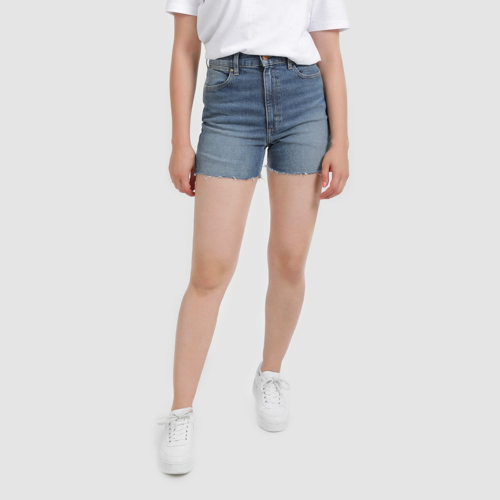 Jeans Bleu Moyen Avec Surteinture Beige