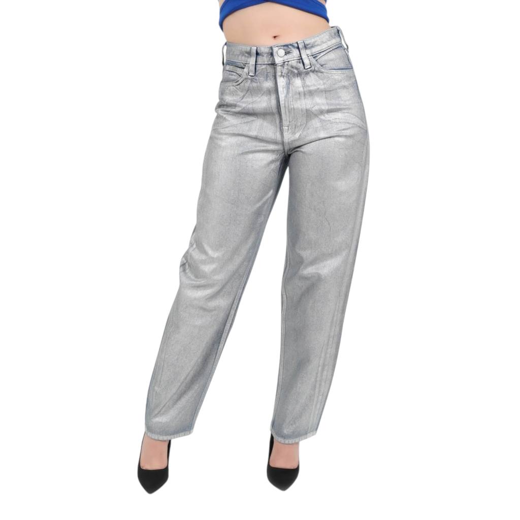 Jeans Bleu Moyen Effet Metallique Rose