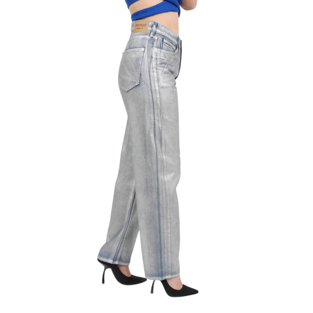 Jeans Bleu Moyen Effet Metallique Rose