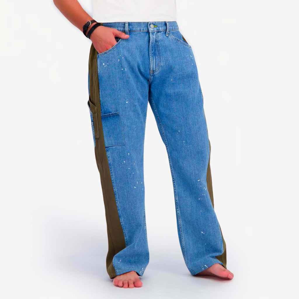 Jeans Bleu Clair Denim & Vert Khaki Sergé de Coton