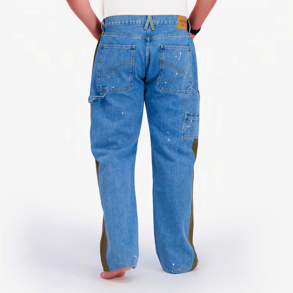 Jeans Bleu Clair Denim & Vert Khaki Sergé de Coton