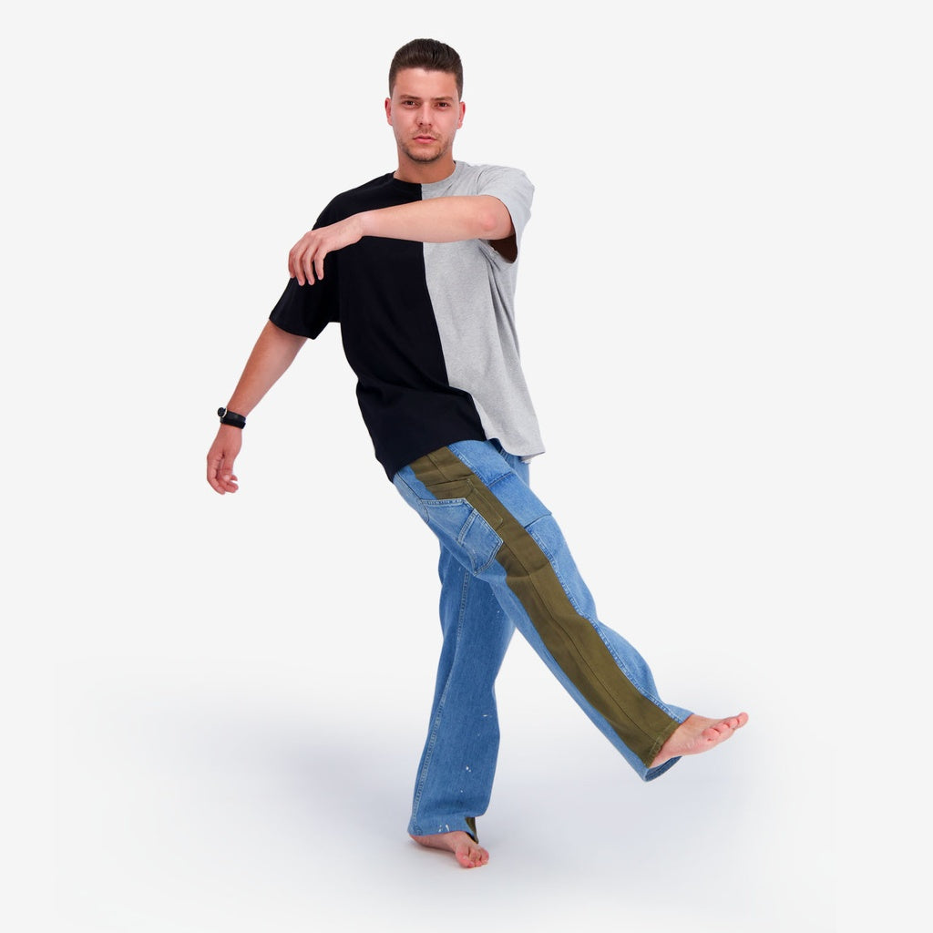 Jeans Bleu Clair Denim & Vert Khaki Sergé de Coton