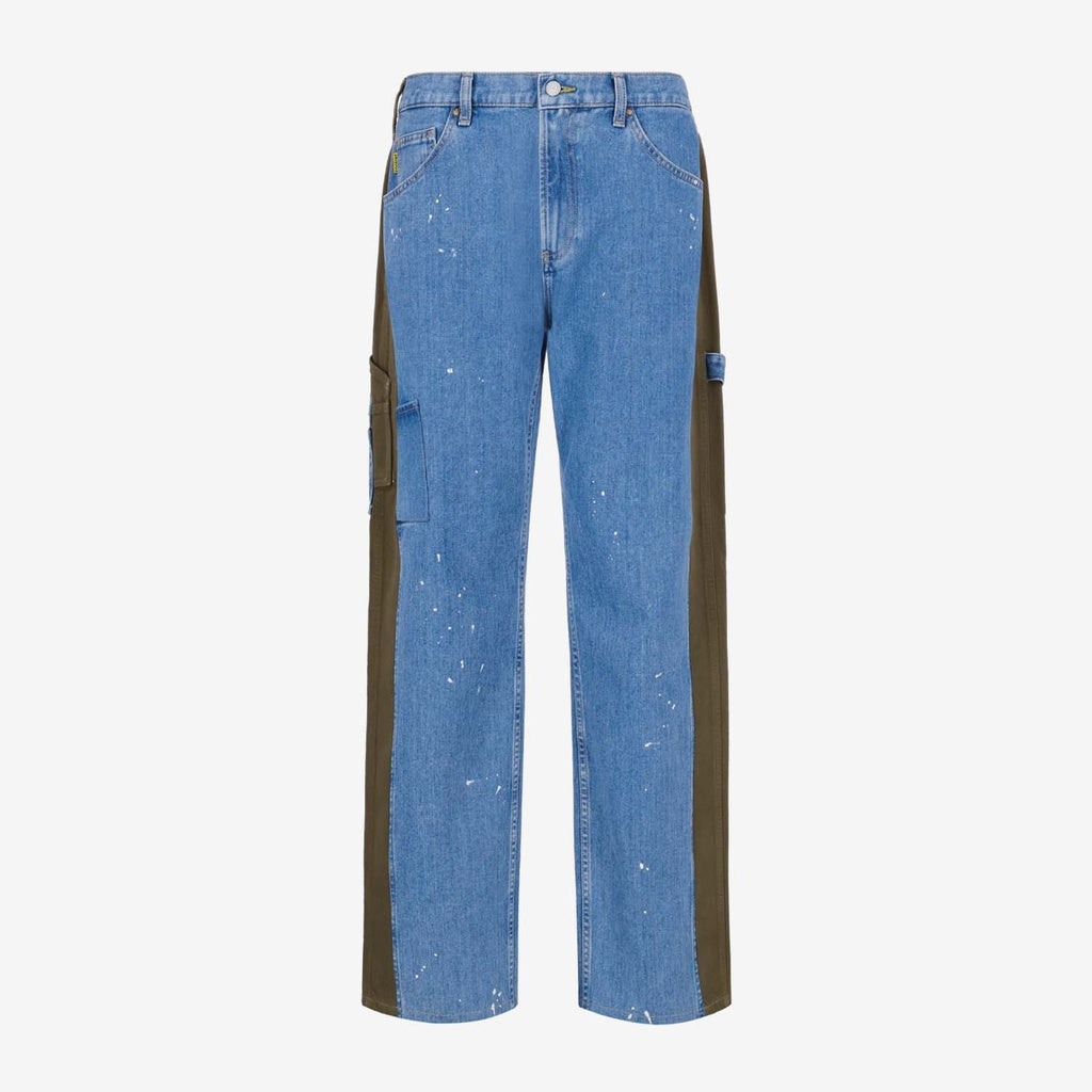 Jeans Bleu Clair Denim & Vert Khaki Sergé de Coton