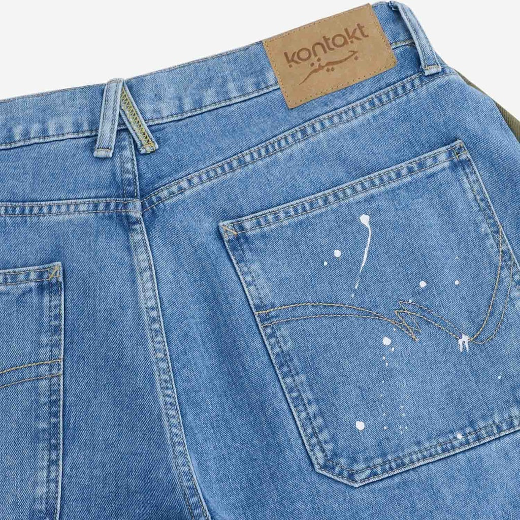 Jeans Bleu Clair Denim & Vert Khaki Sergé de Coton