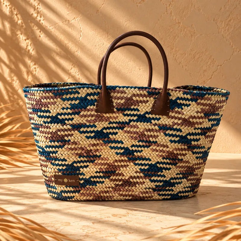 Sac Mosaïque en feuille de palmier Marron & Bleu