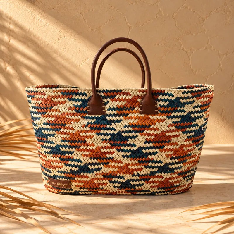Sac Mosaïque en feuille de palmier Orange & Bleu Marine