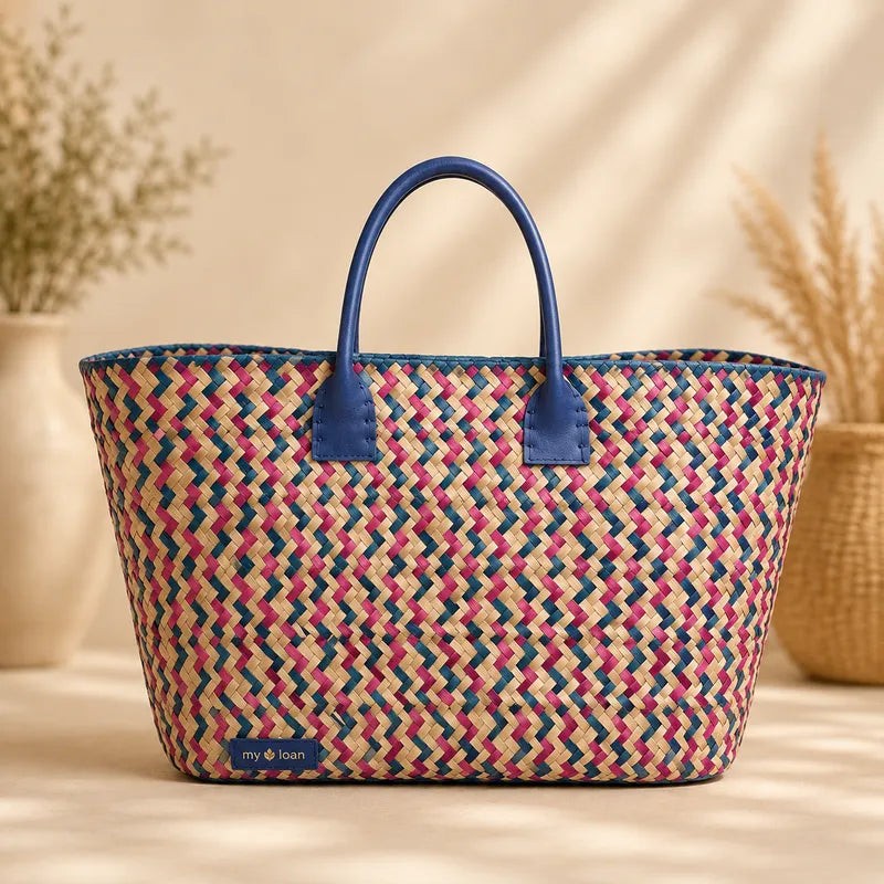 Sac Mosaïque en feuille de palmier Rose & Bleu Marine