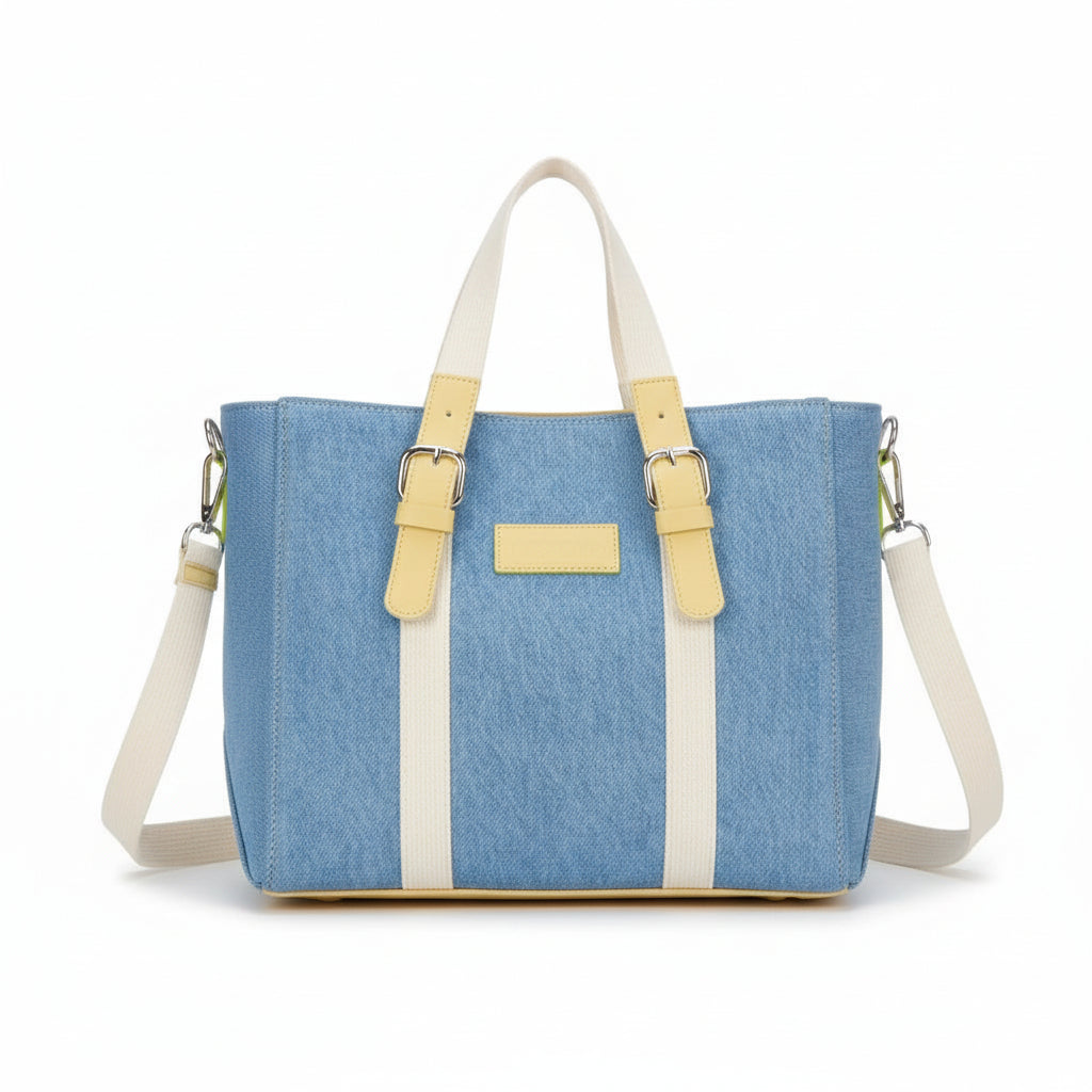 Jeans Bleu Clair & Cuir Beige