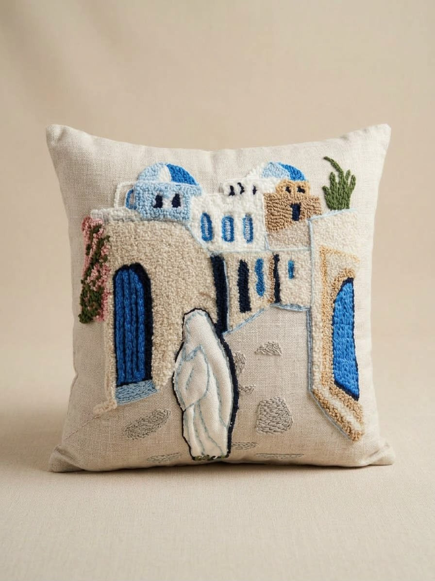 Coussin tableau punch needle porte bleue et bougainvillier, Zakhrafa