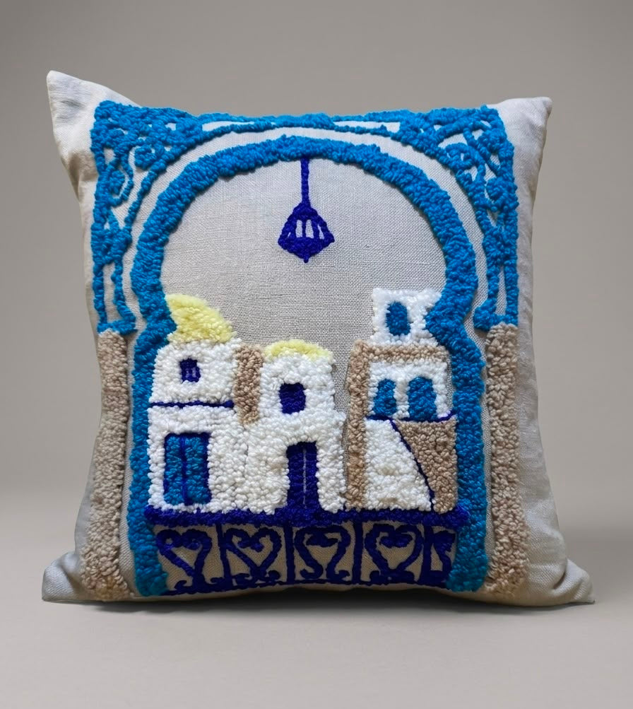 Coussin tableau punch needle panorama du village de Sidi Bou Saïd, Zakhrafa