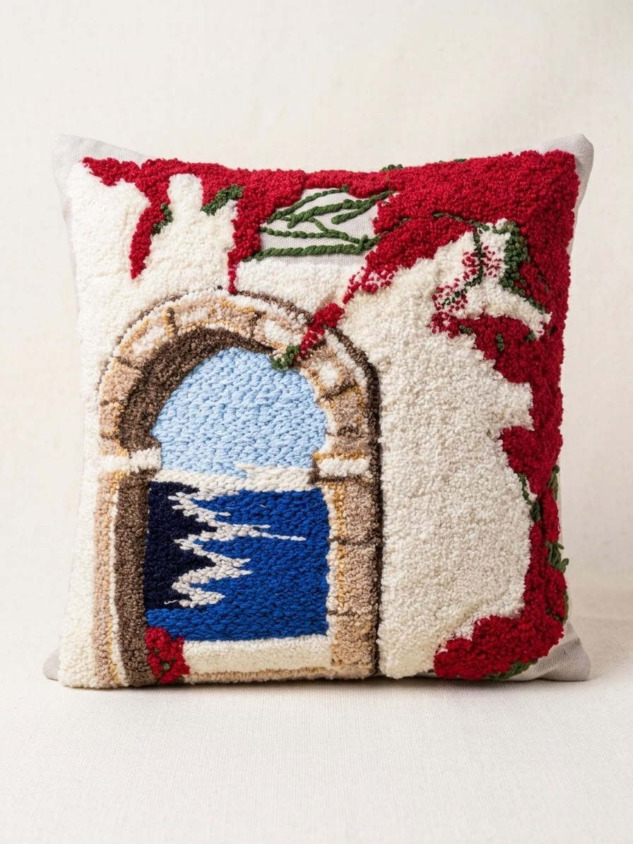 Coussin tableau punch needle arcade et vue mer de Sidi Bou Saïd, Zakhrafa