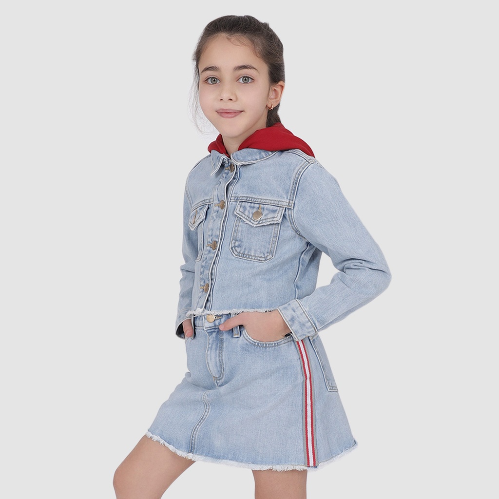 Veste courte fille en jeans avec capuche amovible