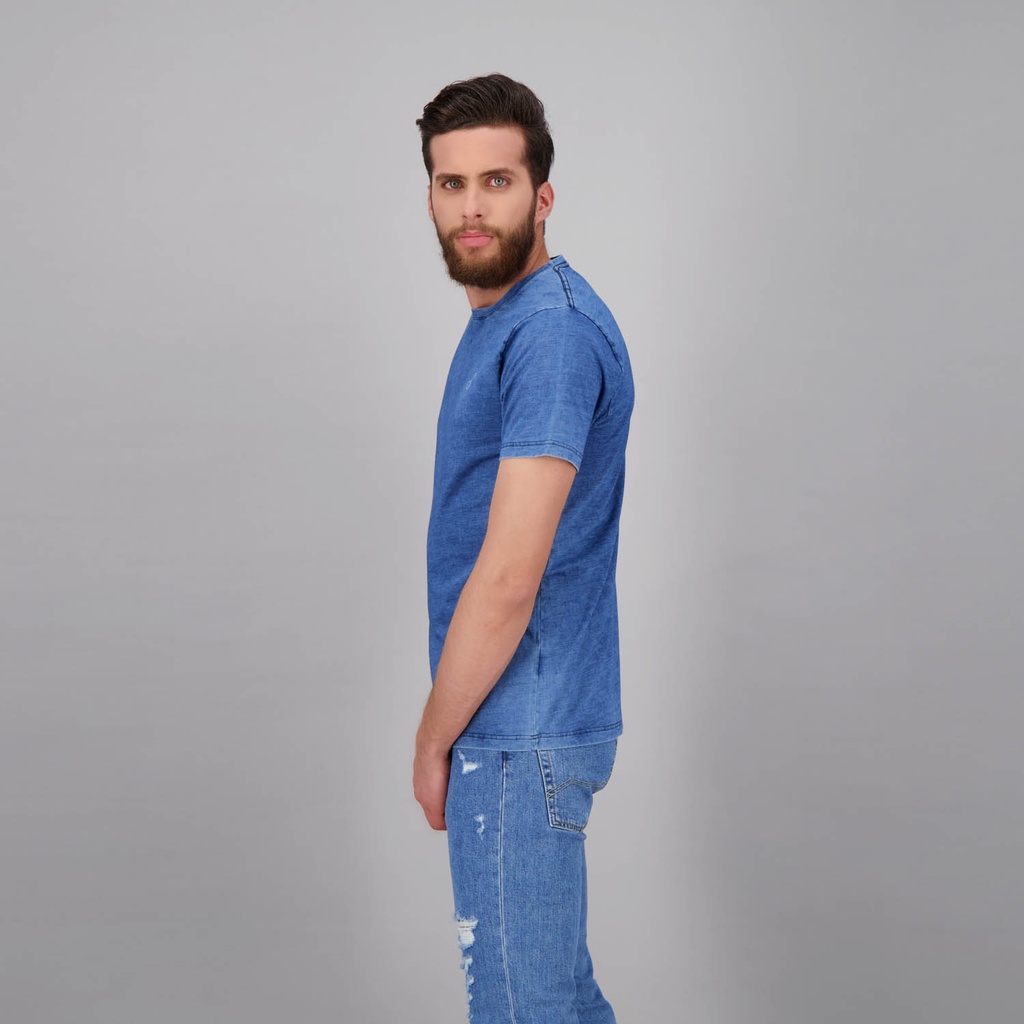 T-shirt homme manches courtes indigo délavé avec broderie