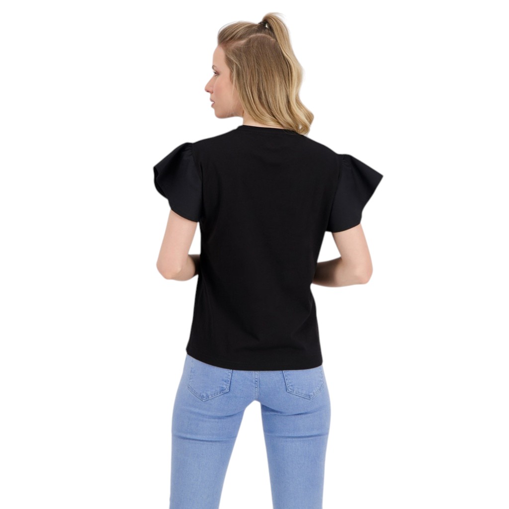 T-shirt femme manches courtes avec volant et broderie
