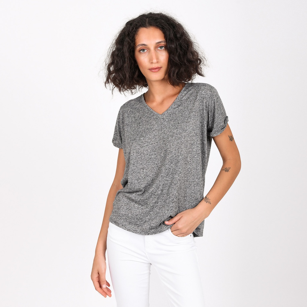 T-shirt femme col V manches courtes en lin