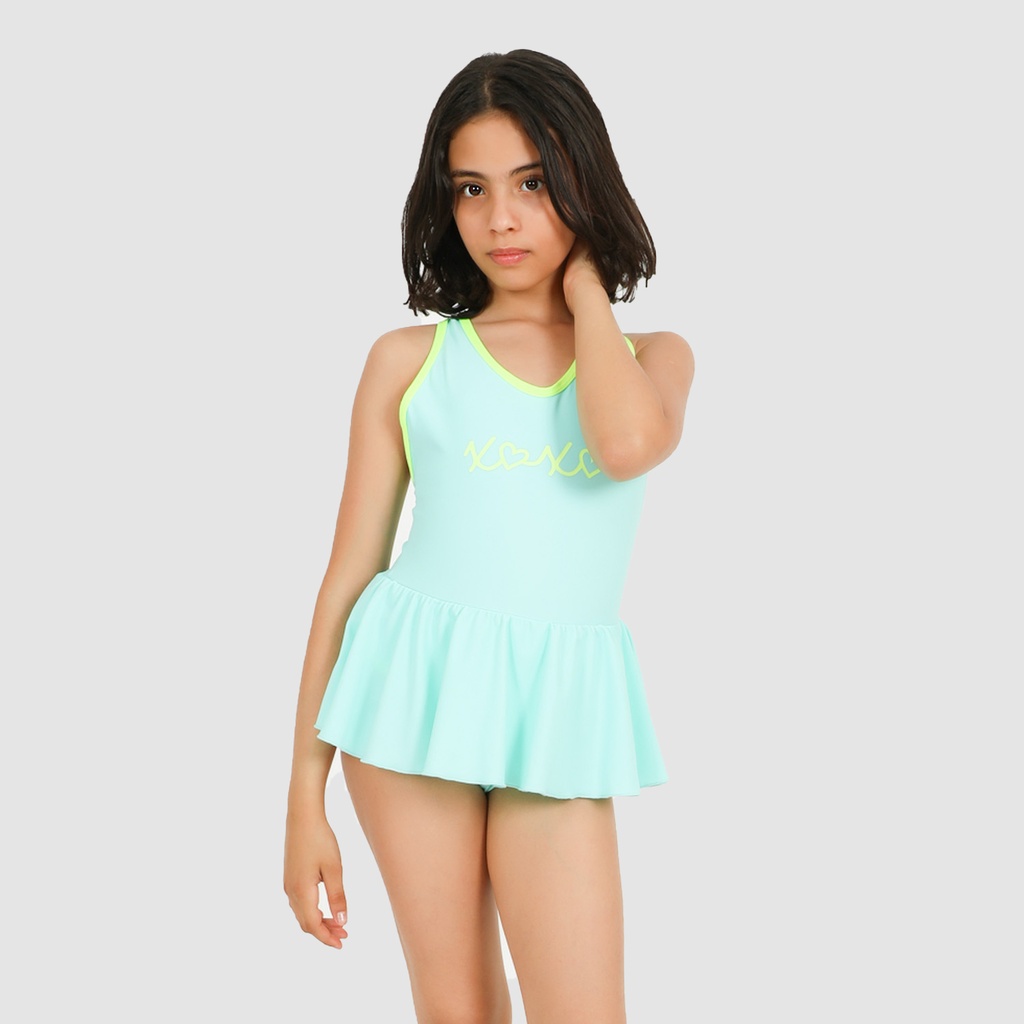 Maillot de bain fille avec volant et biais contrasté