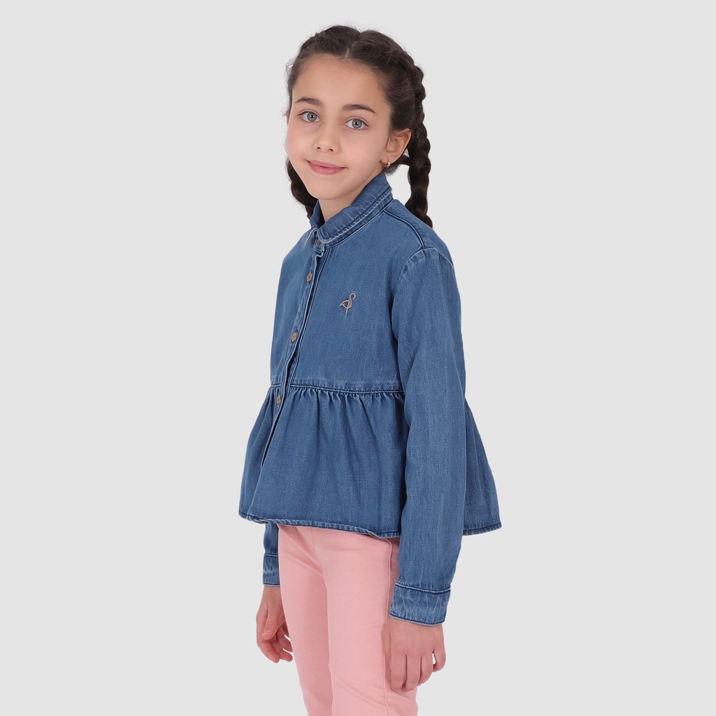 Chemise fille en jeans col claudine