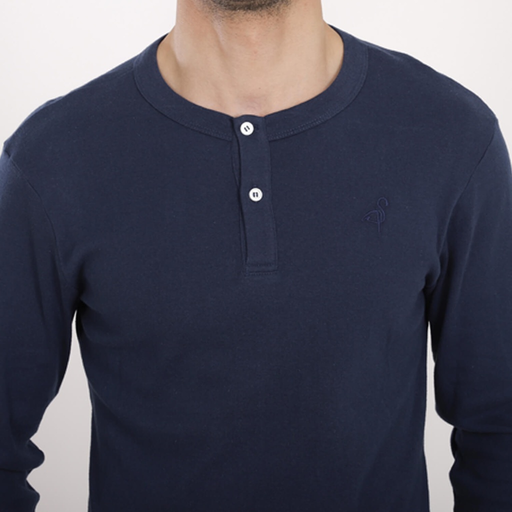 T-shirt manches longues col tunisien bleu marine homme