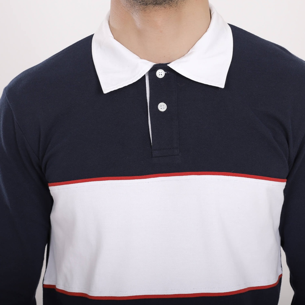 Polo homme manches longues avec découpe devant et piping