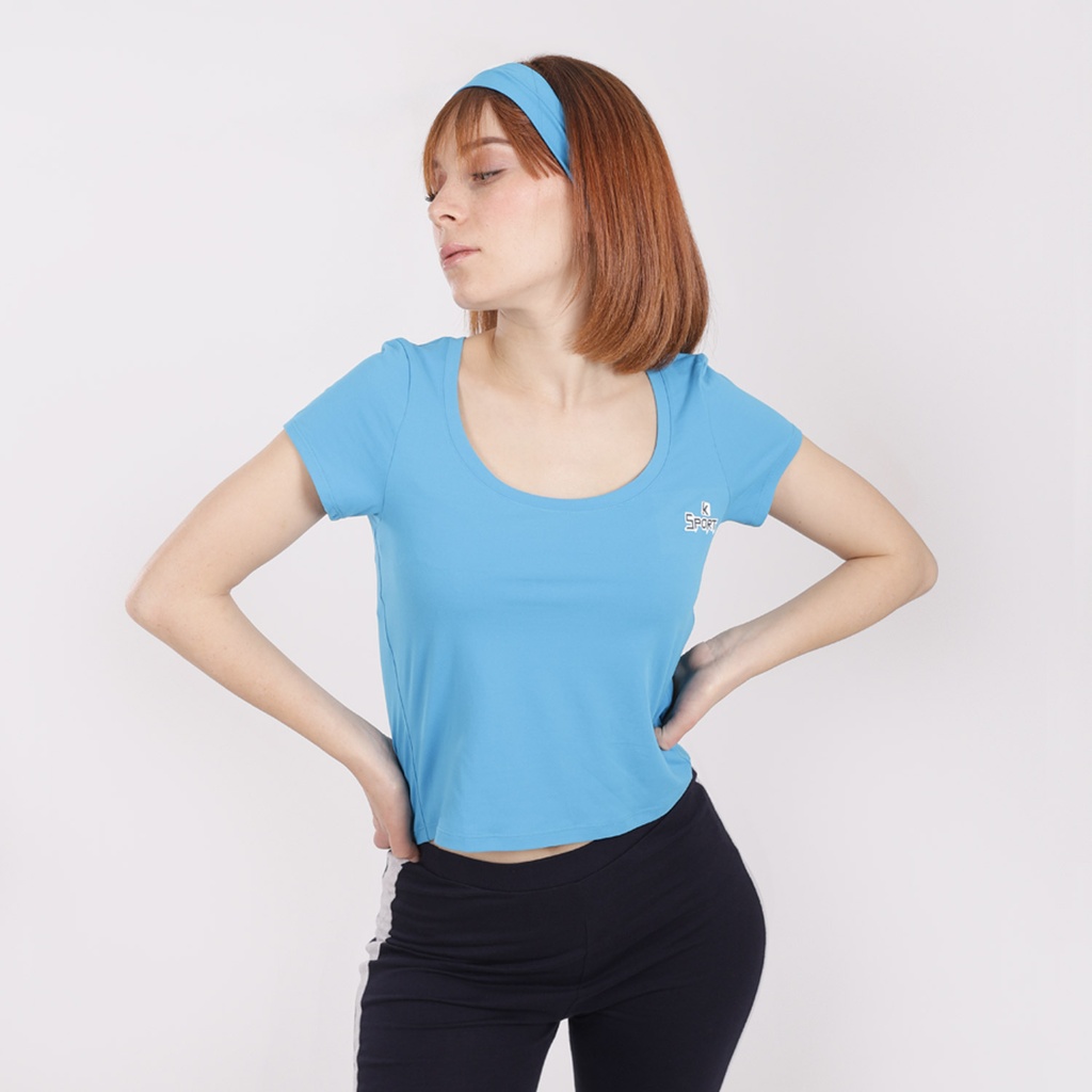 T-shirt crop de sport femme décolleté manches courtes