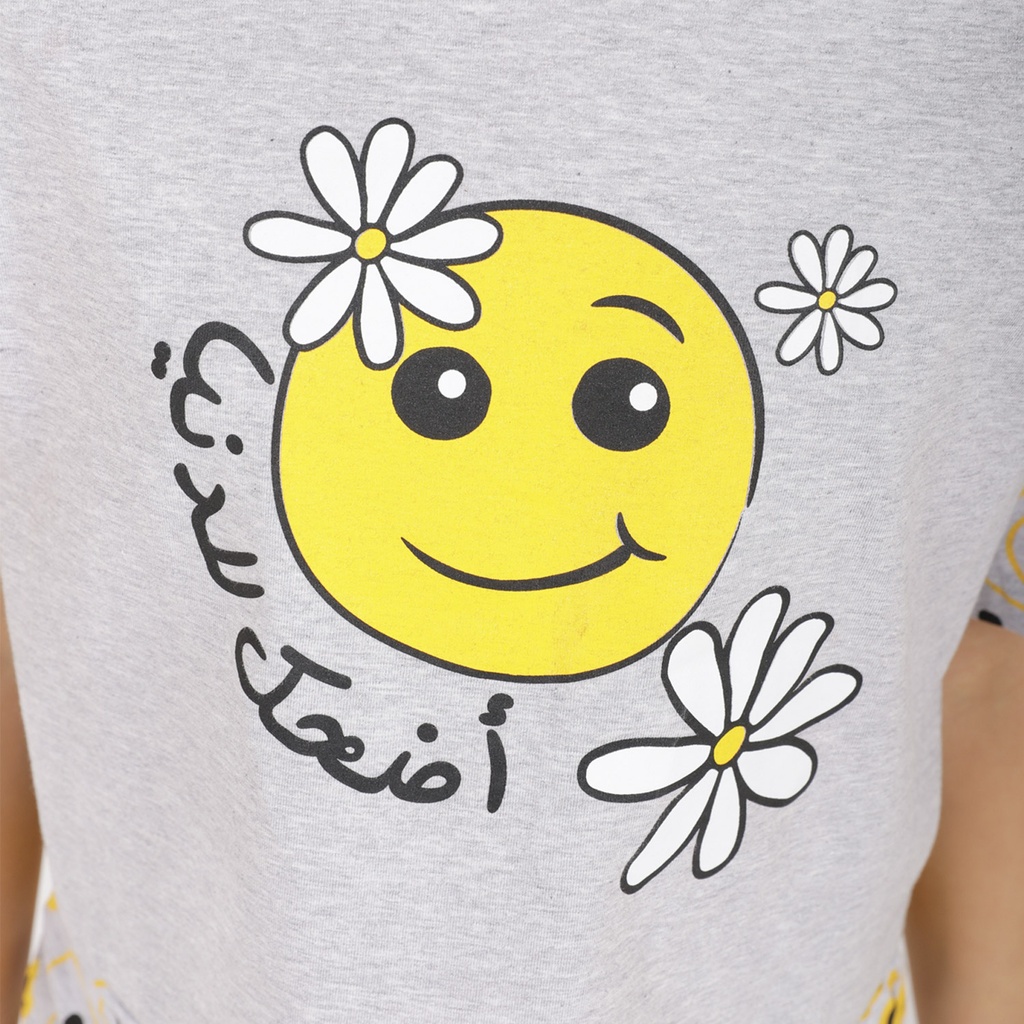 Ensemble fille manches courtes contrastées imprimé smiley أضحك للدنيا