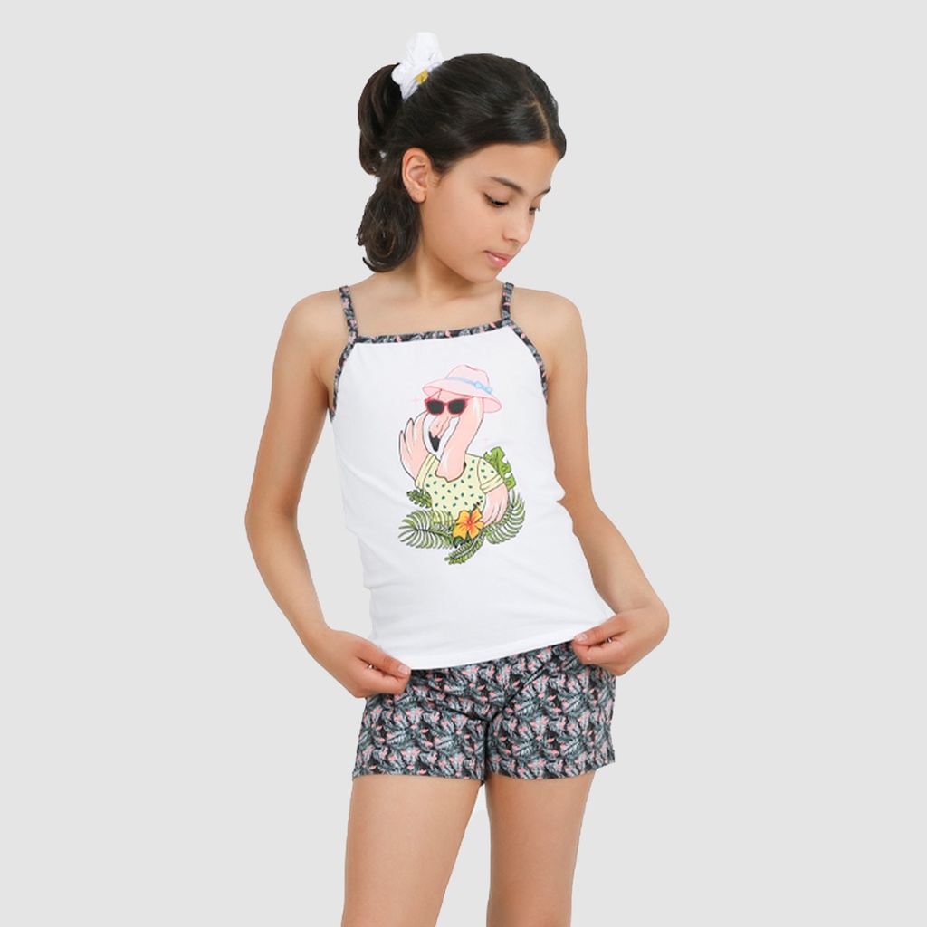 Ensemble fille bretelle et short FLAMANT ROSE