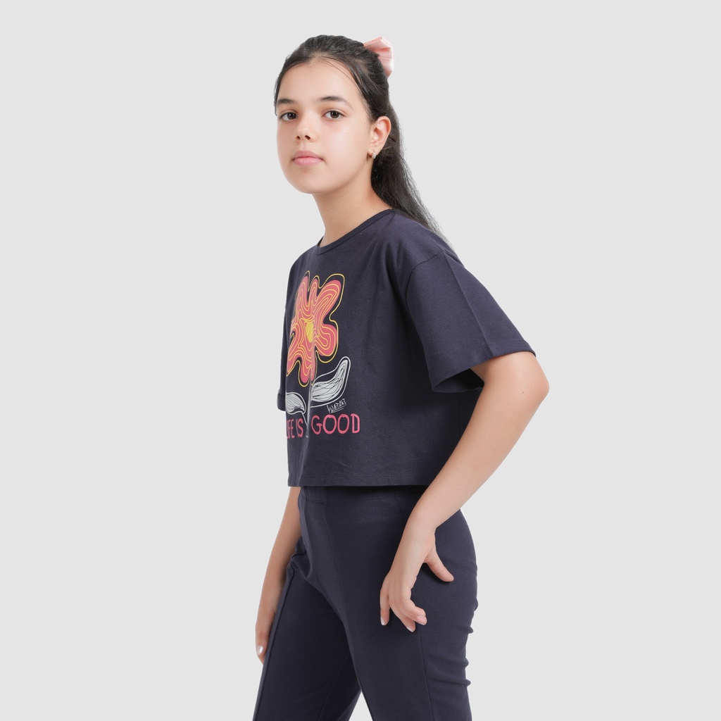 T-shirt crop fille manches courtes avec revers LIFE IS GOOD