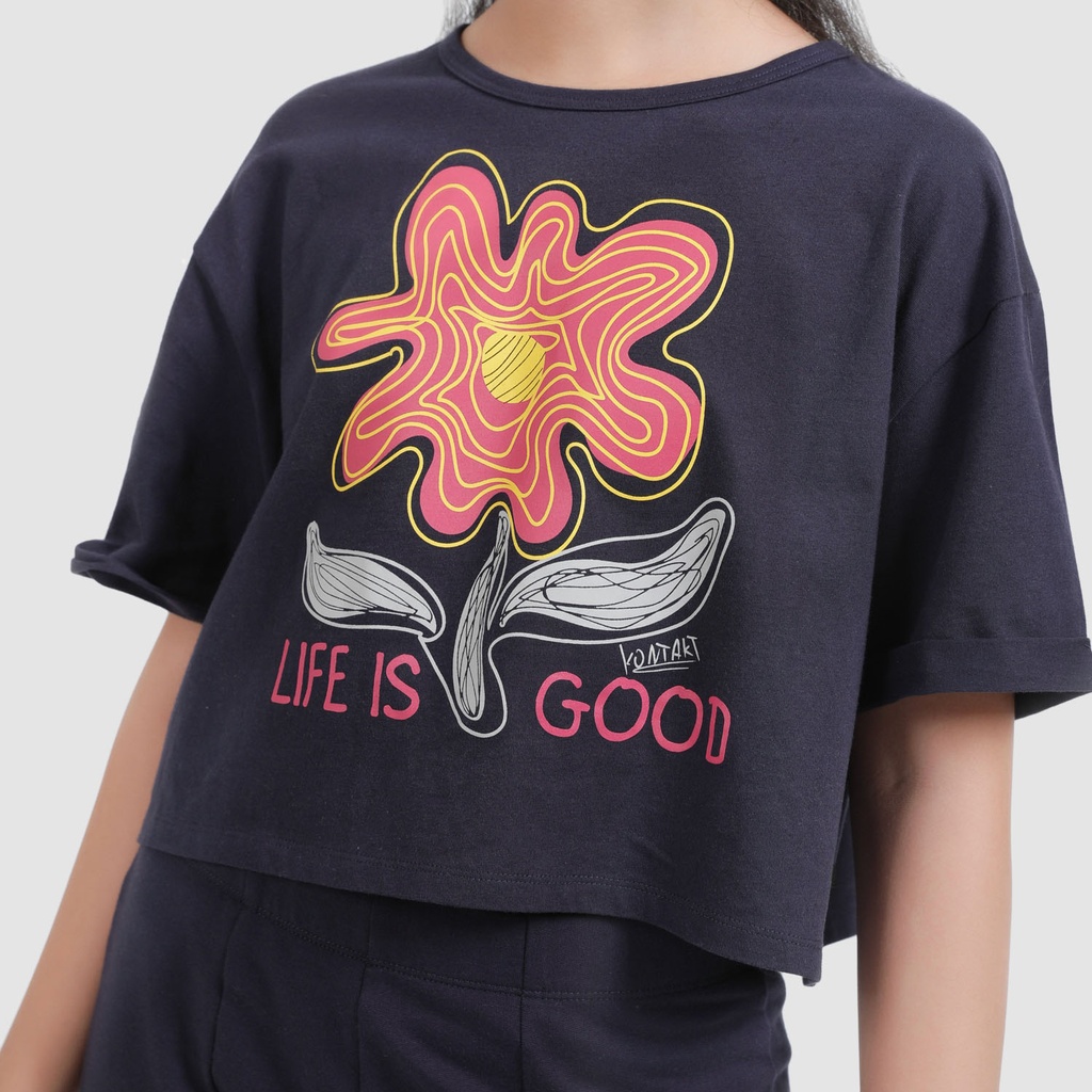 T-shirt crop fille manches courtes avec revers LIFE IS GOOD