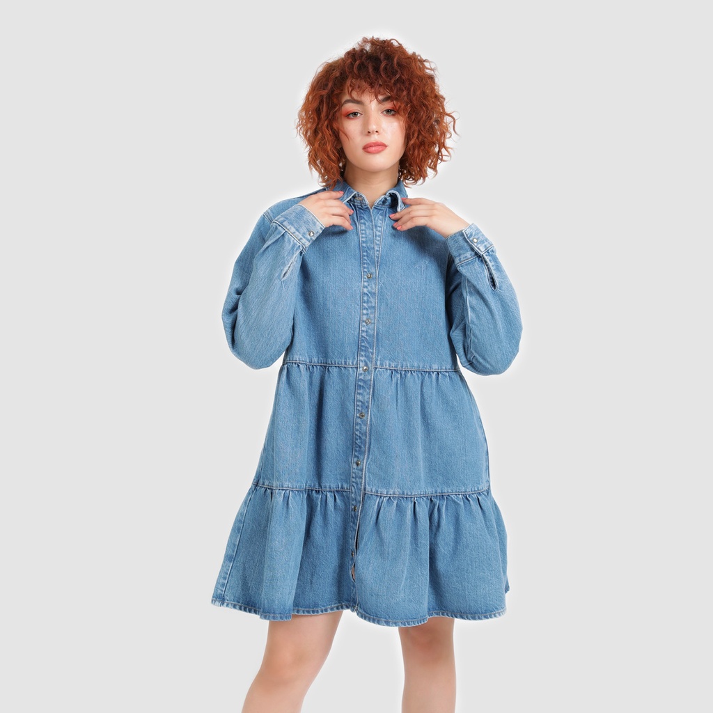 Robe chemise femme a volants en jeans- RAFLA