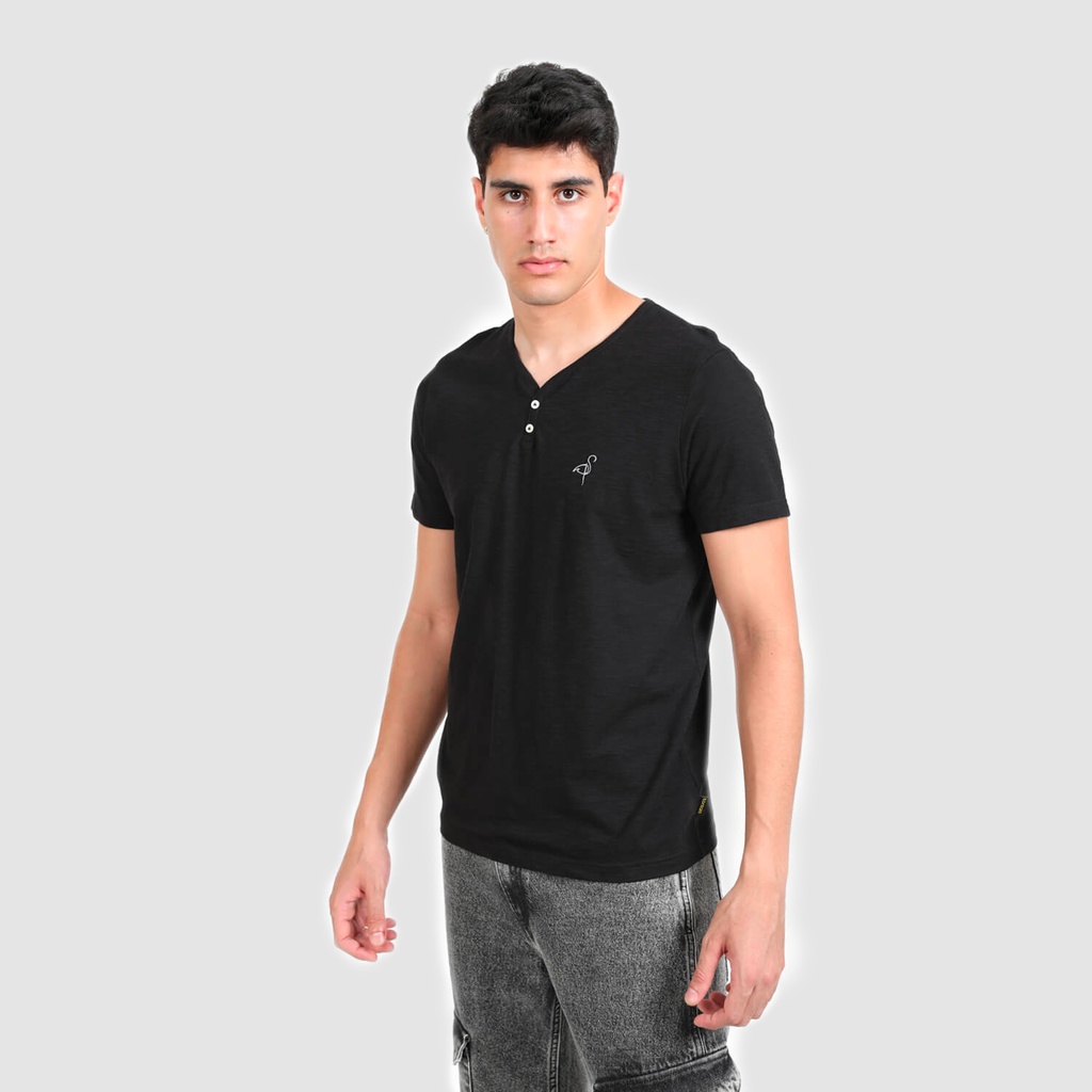 T-shirt homme manches courtes col tunisien avec broderie